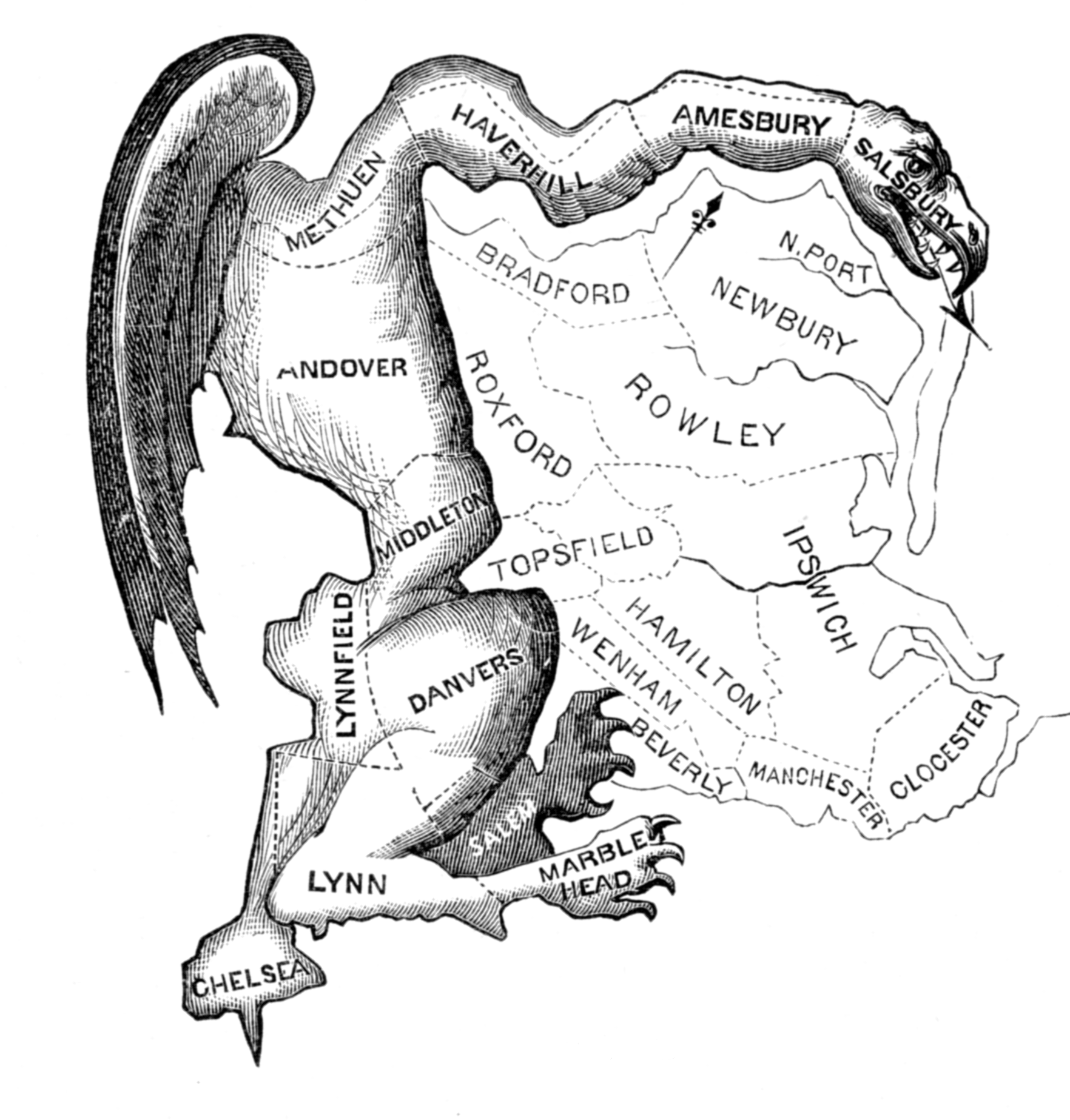 Elkanah Tisdale's 1812 cartoon depicting a salamander-shaped electoral district in Massachusetts redrawn under Governor Elbridge Gerry. The district outline has been illustrated as a winged dragon with claws and a forked tongue, branded 'The Gerry-Mander.' The original cartoon to give the practice its name.
